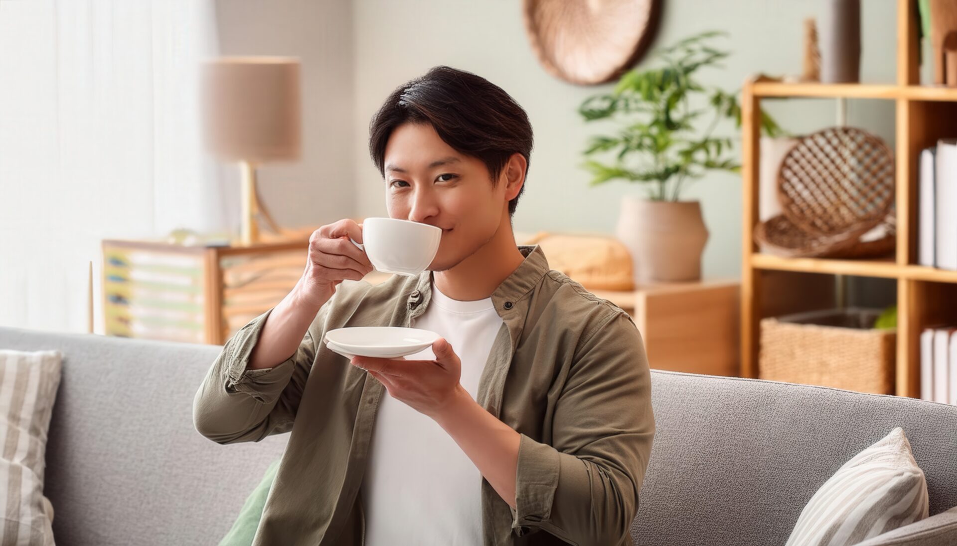 ソファでティーカップを飲む若い男性