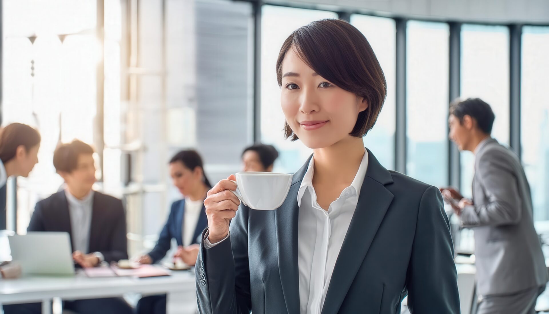 オフィスでティーカップを持つ若い女性