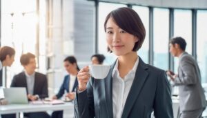 オフィスでティーカップを持つ若い女性