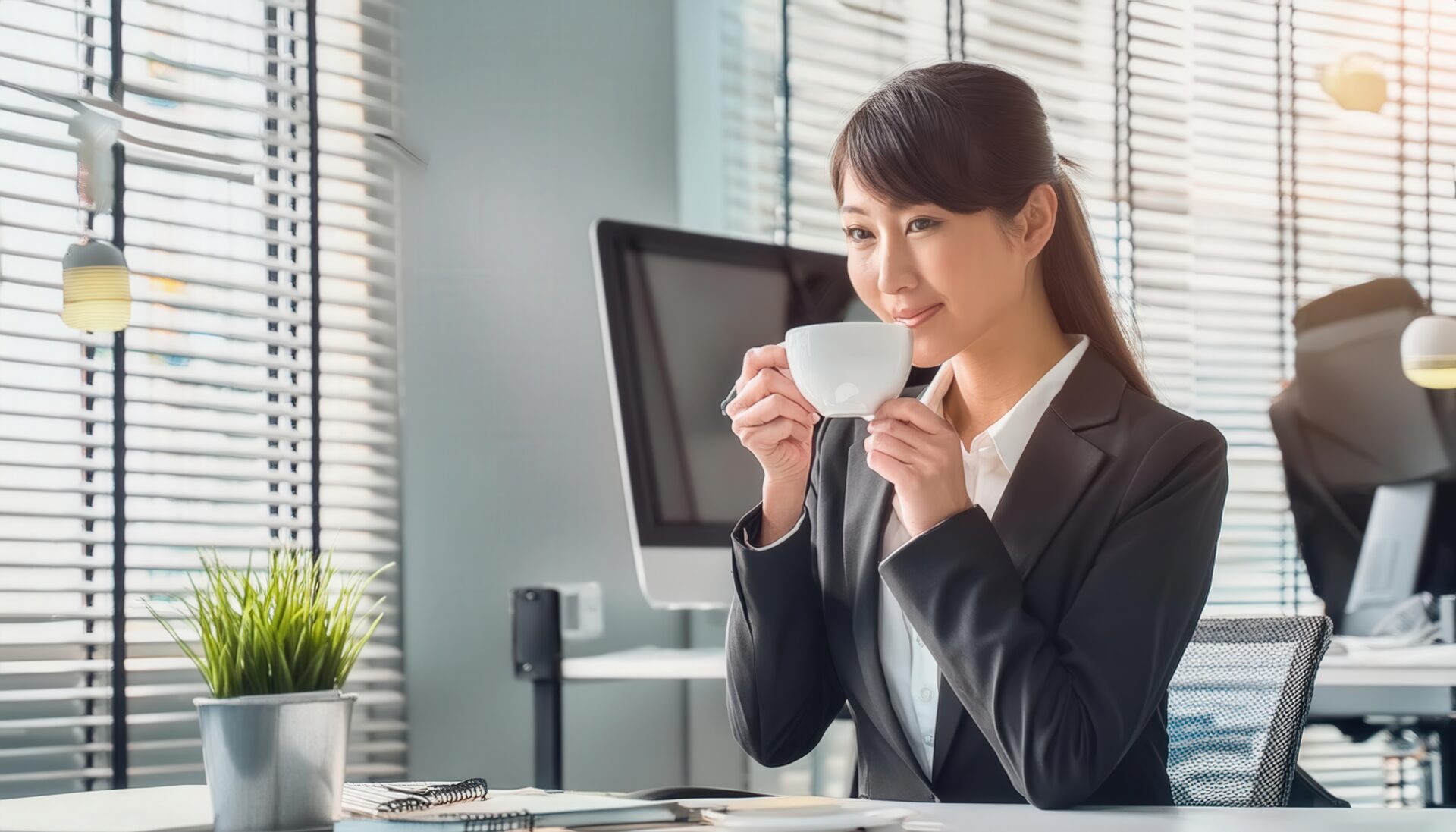 デスクでティーカップを手にする若い女性