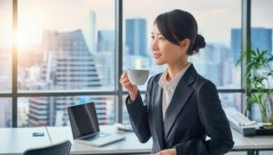 オフィスの窓際でティーカップを持つ若い女性