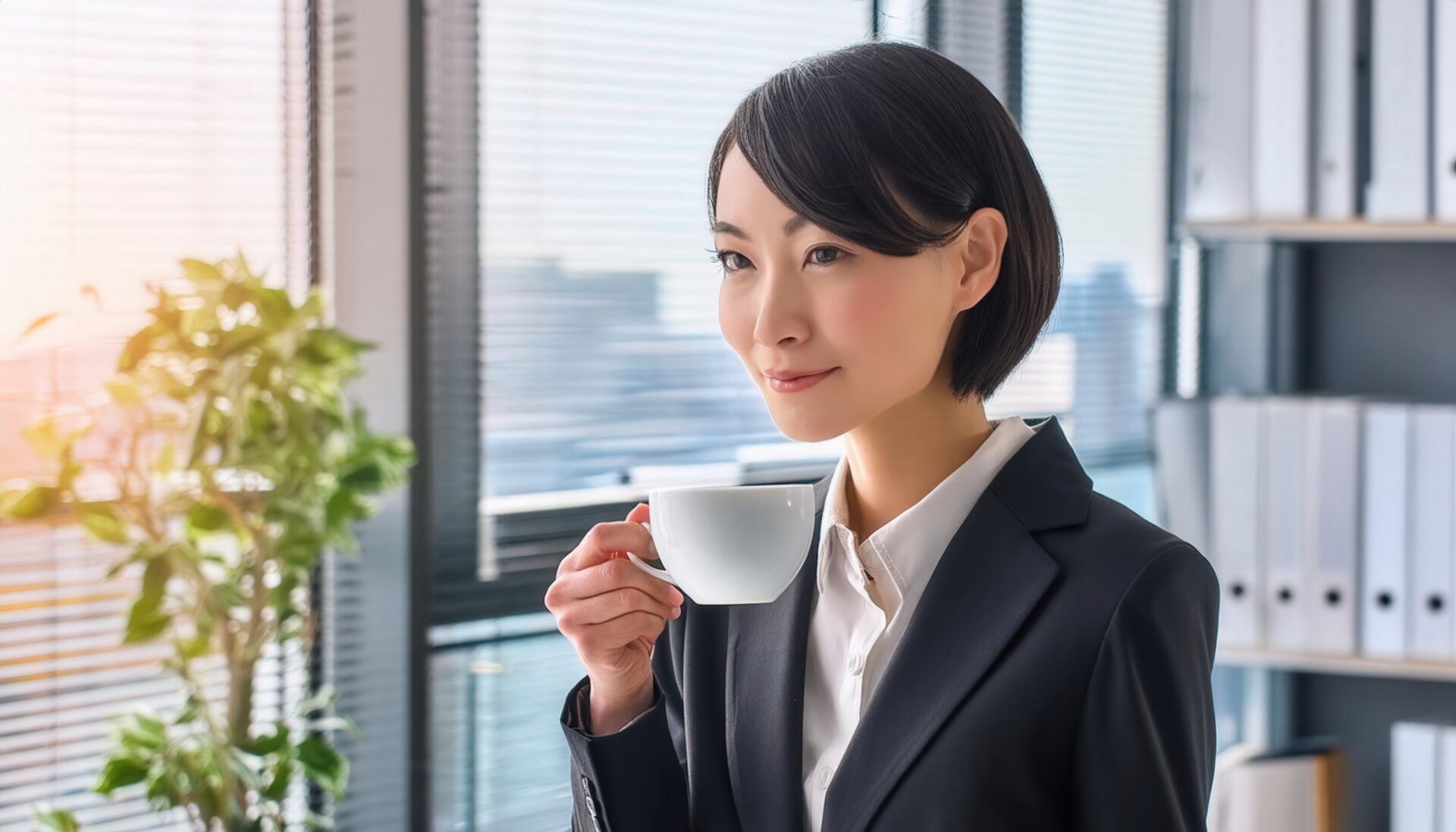 オフィスでティーカップを手にするショートヘアの若い女性