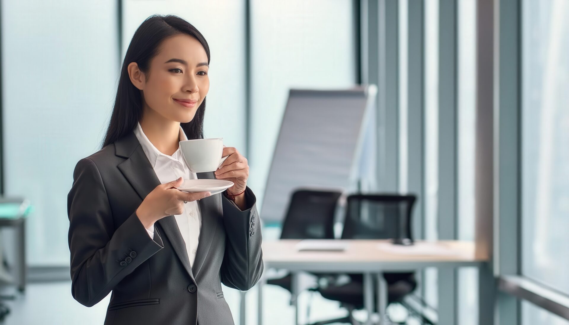 オフィスでティーカップを持つスーツ姿の人