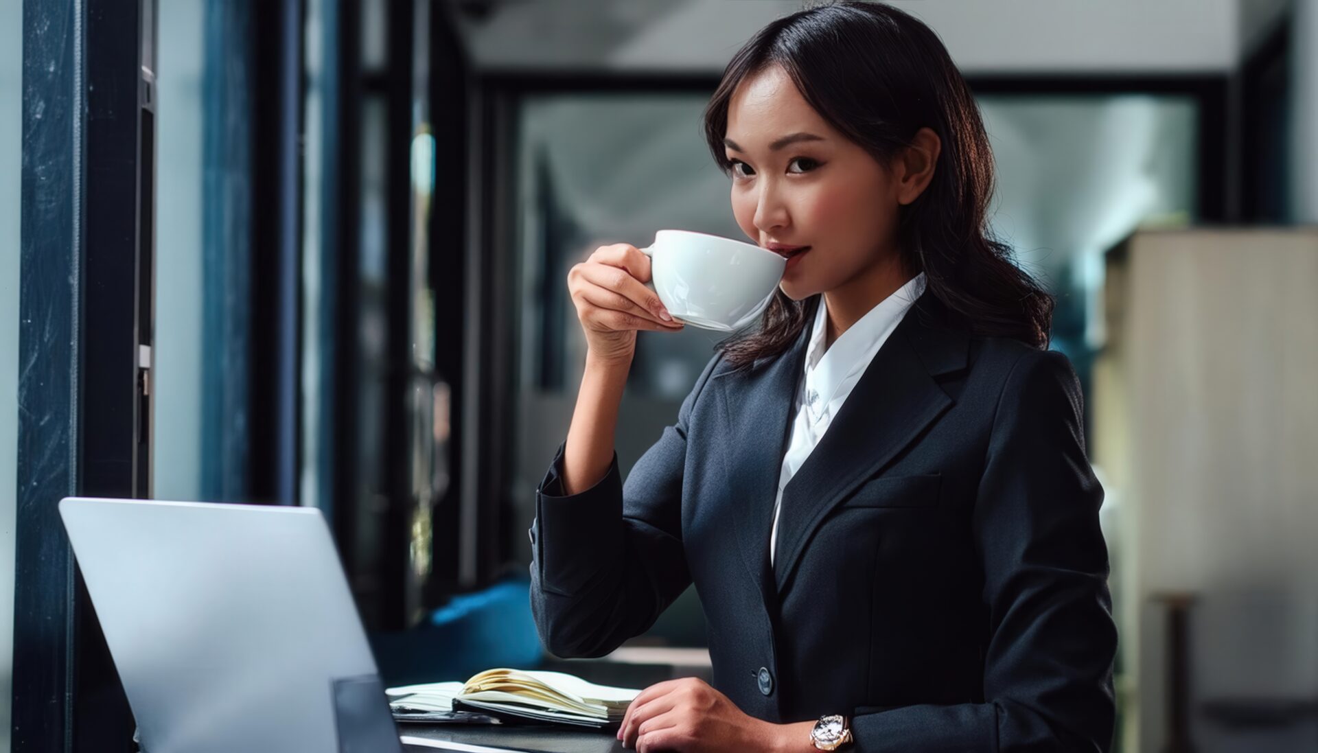 デスクでカップを手にするビジネスパーソン