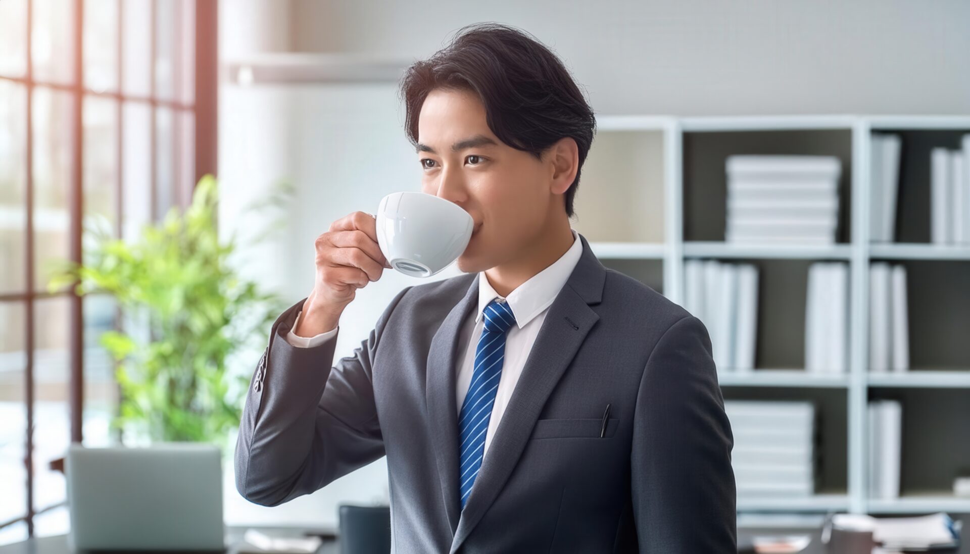 オフィスでホットドリンクを飲むスーツ姿の人