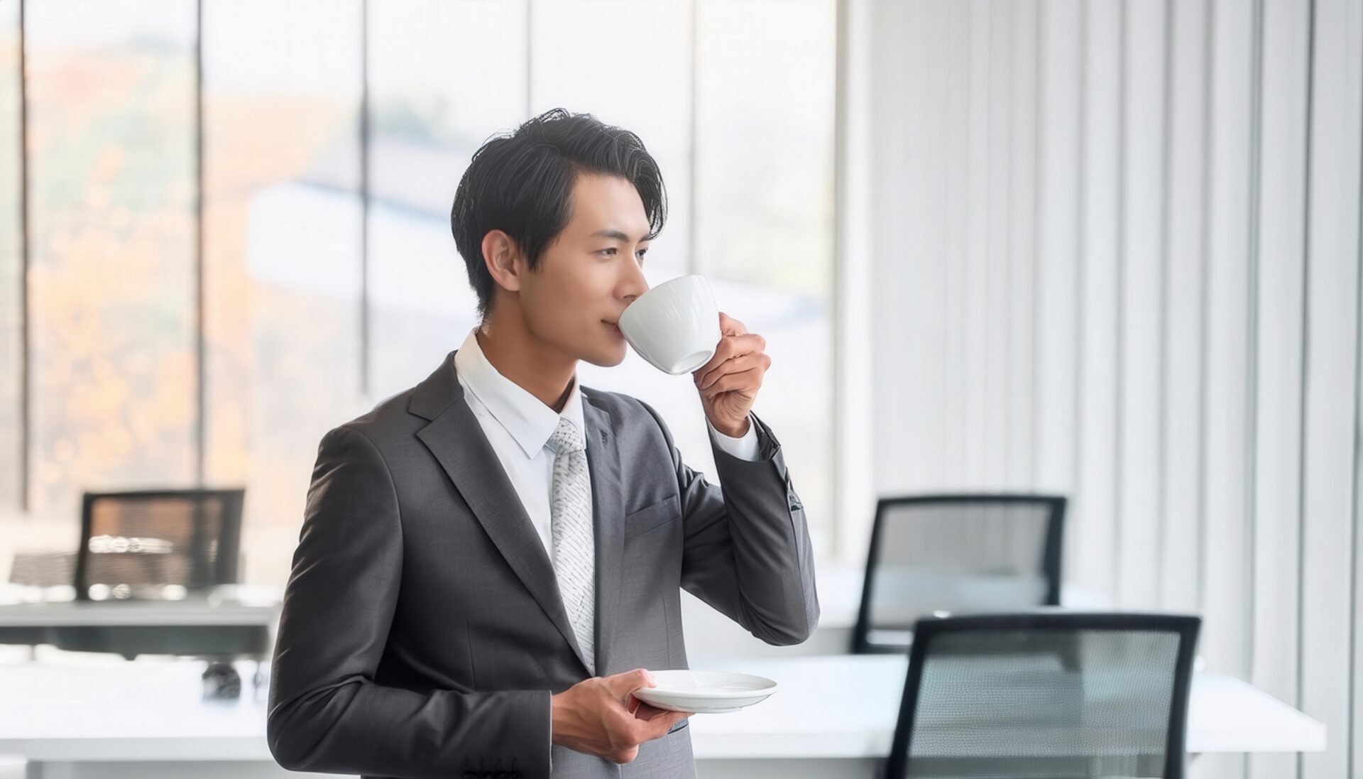 広いオフィスでカップを飲むビジネスパーソン