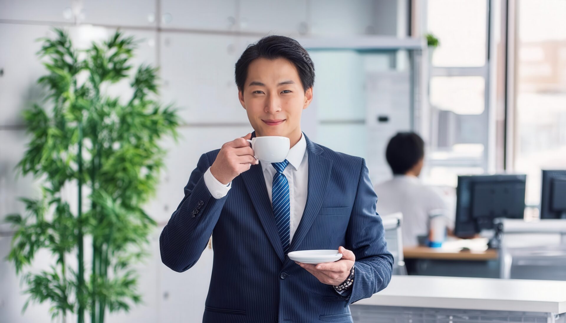 事務所でホットドリンクを手にしたスーツ姿の人