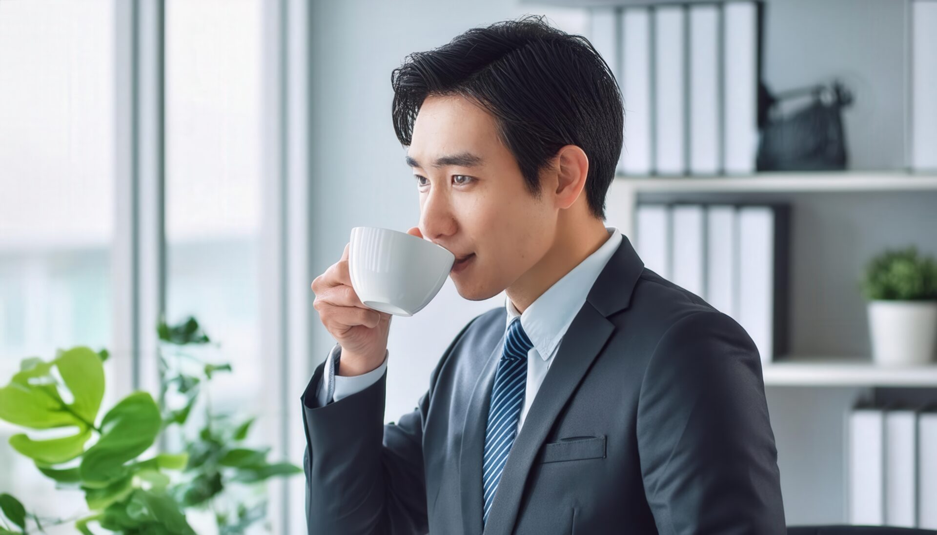 オフィスでティーカップを持つビジネスパーソン
