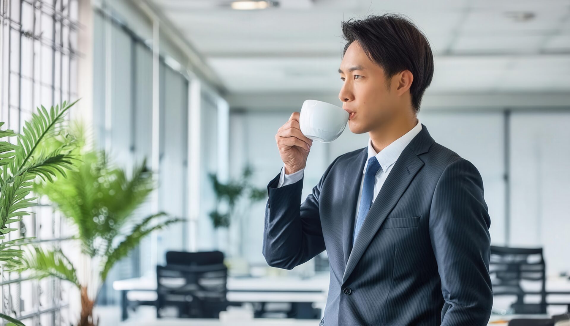 窓際でカップを飲むスーツ姿のビジネスパーソン