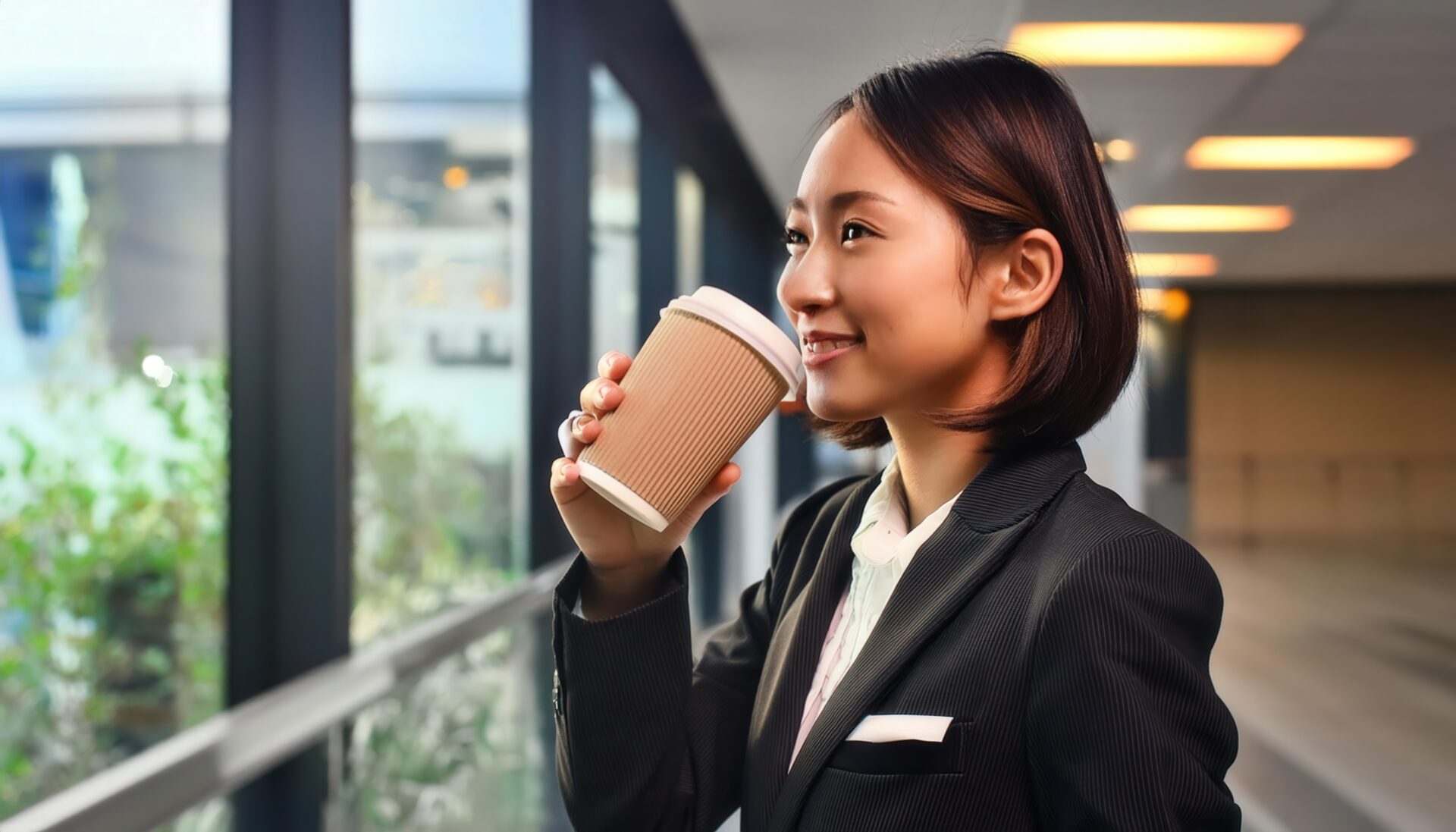 廊下で紙カップを持つビジネスパーソン