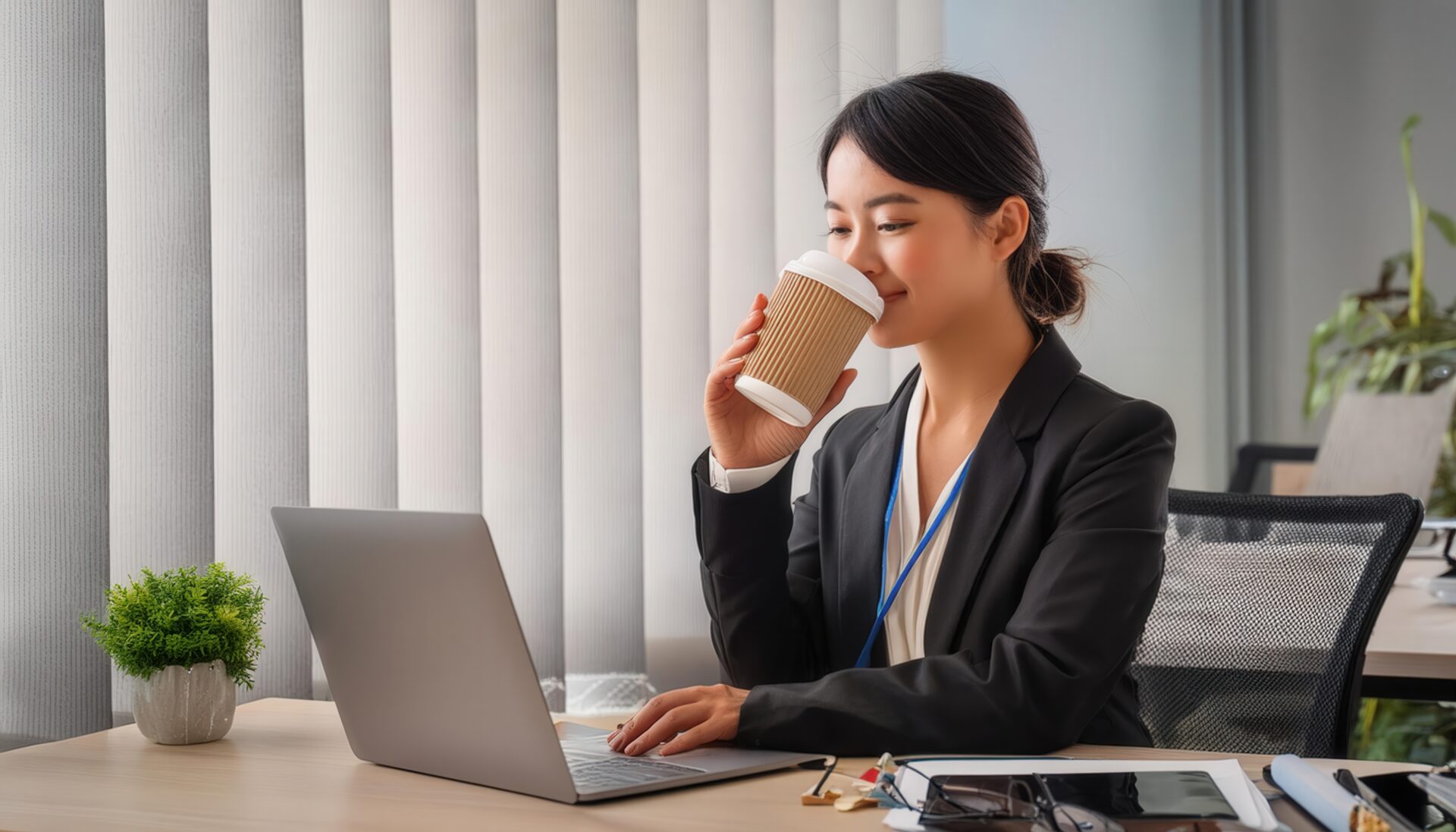 デスクで紙カップを飲むビジネスパーソン