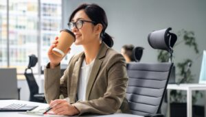オフィスで紙カップを手にするメガネの若い女性