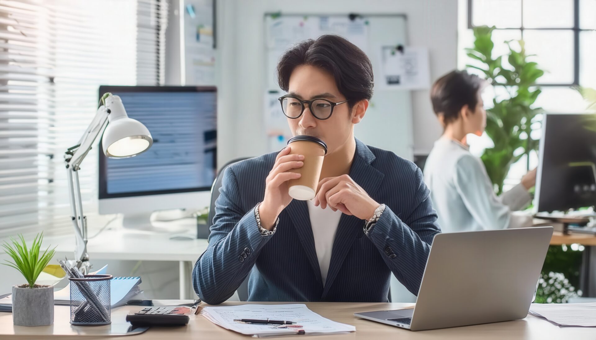 スーツジャケットで紙カップを手にする若い男性
