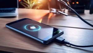 机の上でケーブル充電中のスマホ