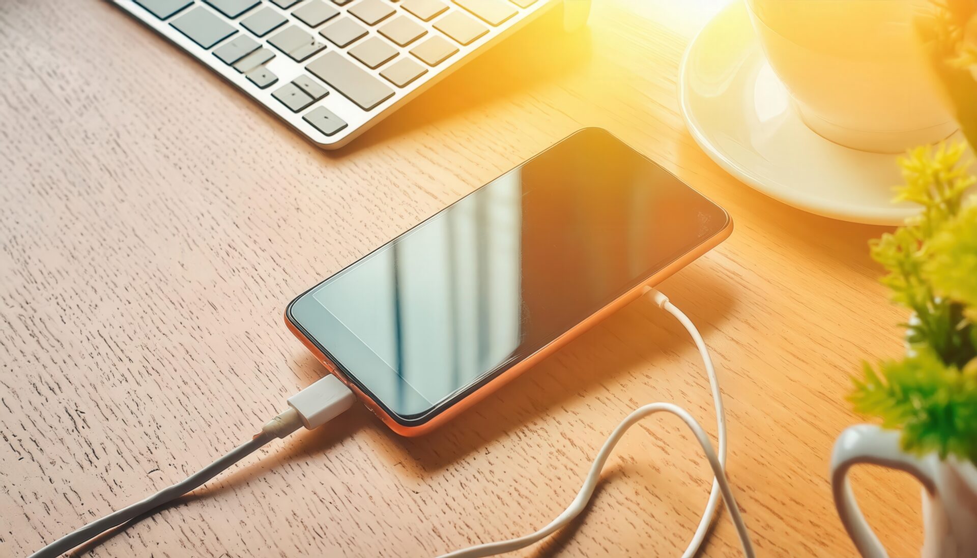 キーボードと並べて充電中のスマホ