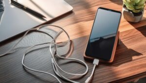 ノートPCと一緒に充電中のスマホ