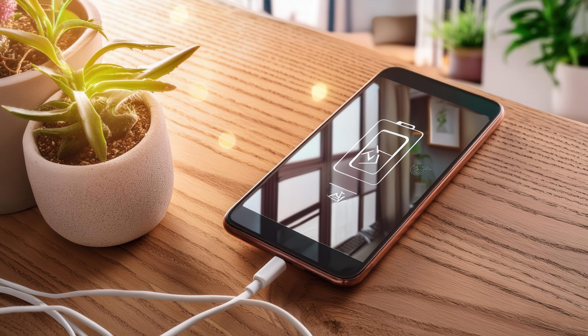 観葉植物のそばで充電中のスマホ
