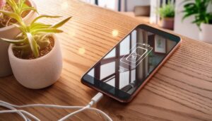観葉植物のそばで充電中のスマホ
