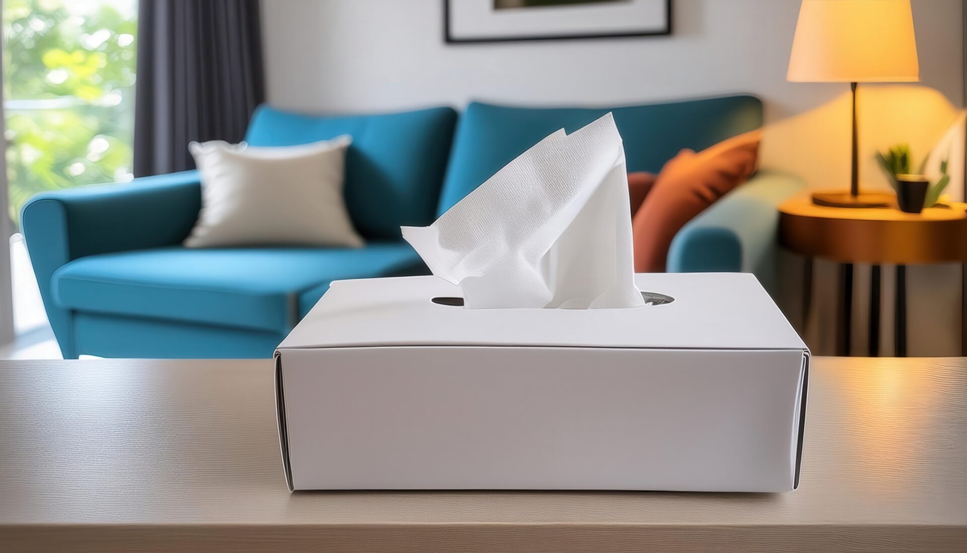 室内のテーブルに置かれた白いティッシュボックス