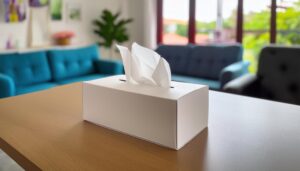 木製テーブルに置かれた白いティッシュボックス