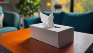 ソファの前に置かれた白いティッシュボックス
