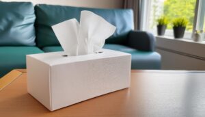 円卓に置かれた白いティッシュボックス