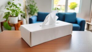 ストライプ模様の白いティッシュボックスが置かれたリビング