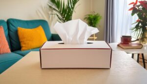 赤い縁取りのある白いティッシュボックスが置かれたリビング