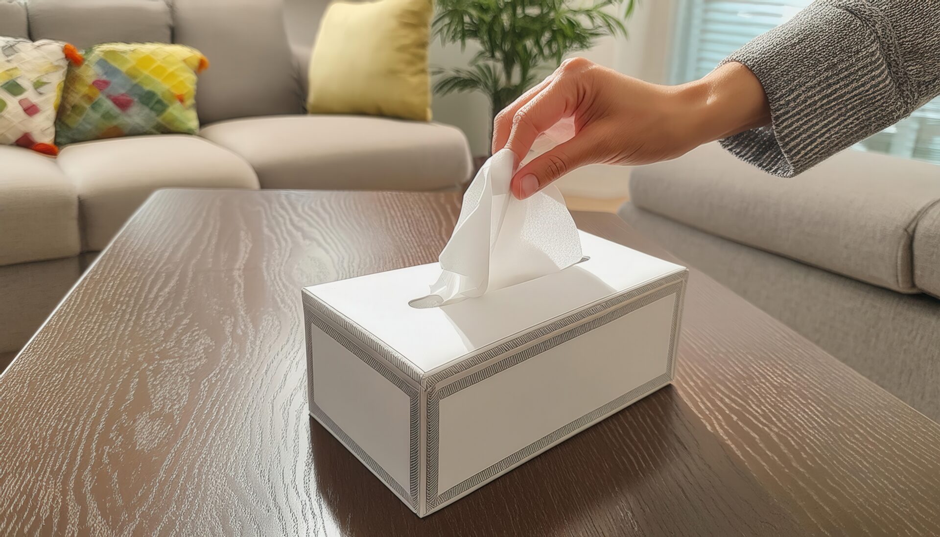 白いティッシュボックスからティッシュを取り出す手