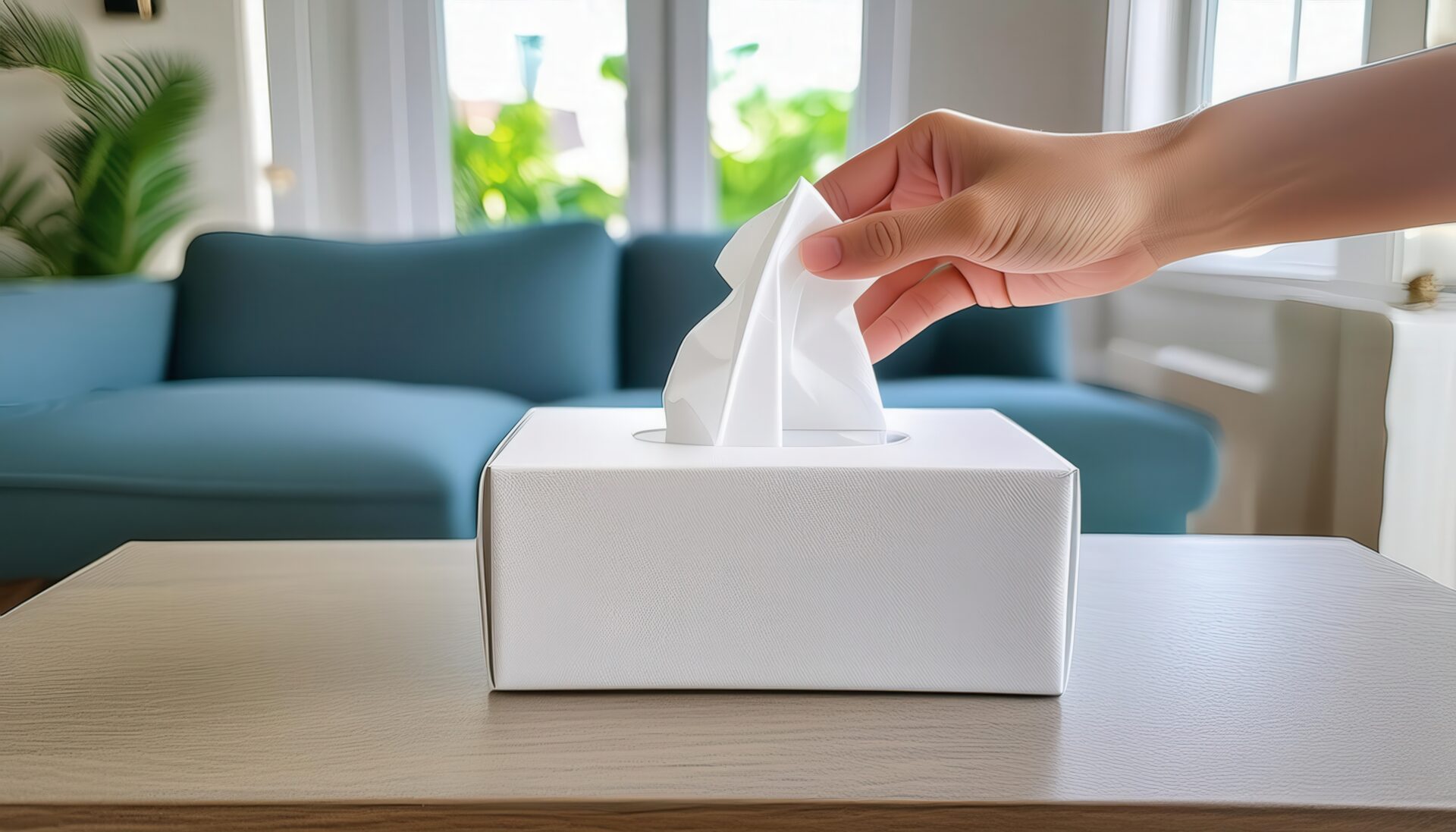 窓際のソファ前に置かれたティッシュを手で取り出す様子