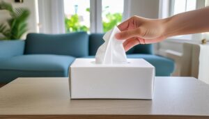 窓際のソファ前に置かれたティッシュを手で取り出す様子