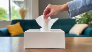 リビングのテーブルに置かれた白いティッシュを取り出す手