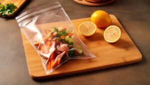 まな板の上に置かれた野菜入りジッパーバッグとレモン