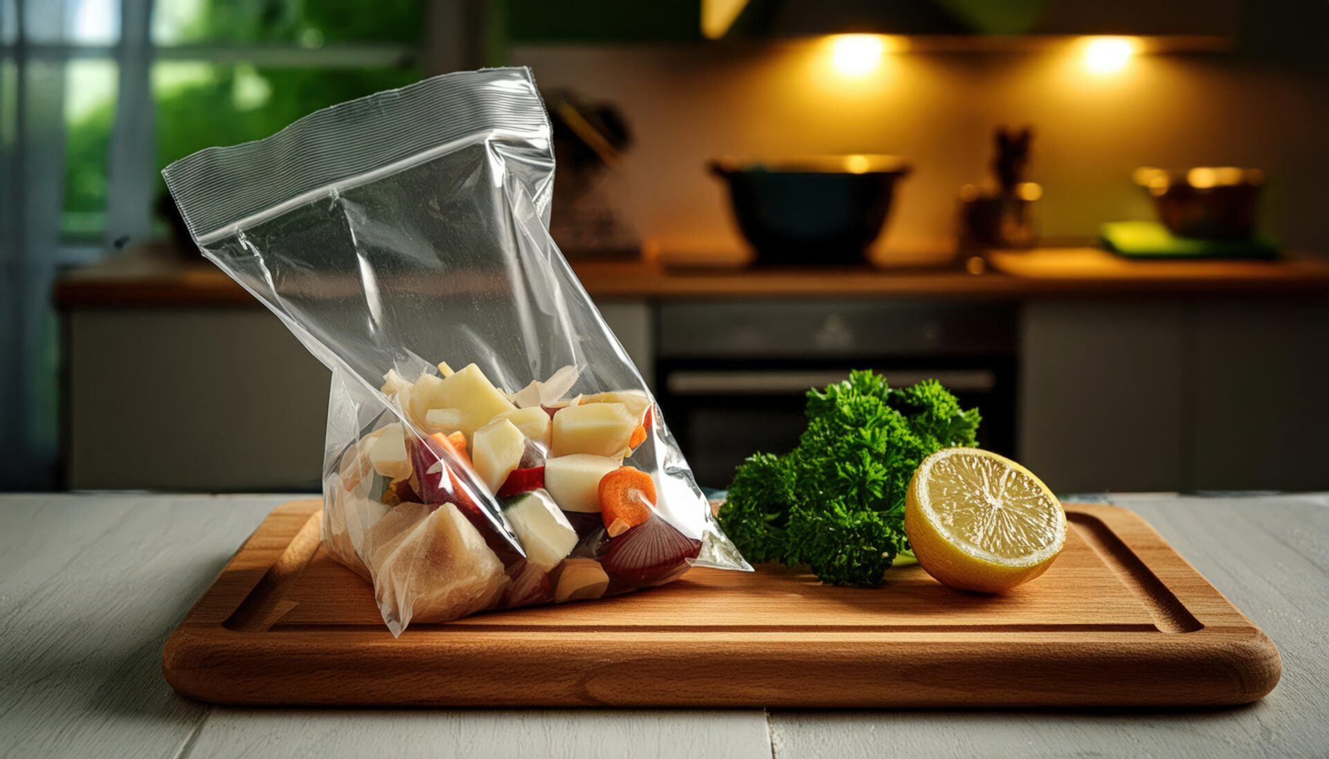 キッチンで野菜入りジッパーバッグとパセリ