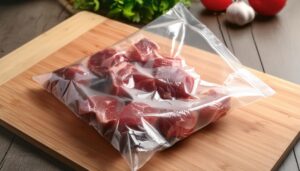 まな板の上の肉が入ったジッパーバッグ