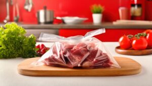 赤いキッチンで肉が入ったジッパーバッグ