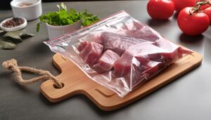 トマトとハーブが置かれた肉入りジッパーバッグ