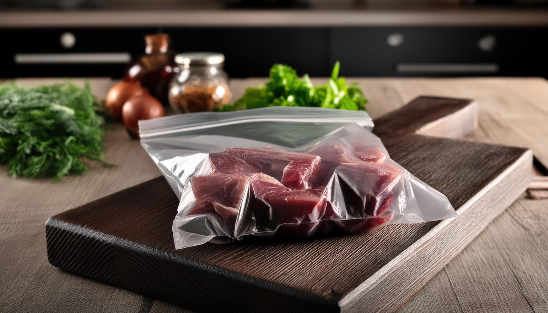 まな板の上に置かれた肉入りジッパーバッグ