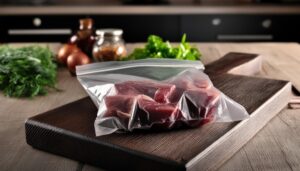 まな板の上に置かれた肉入りジッパーバッグ