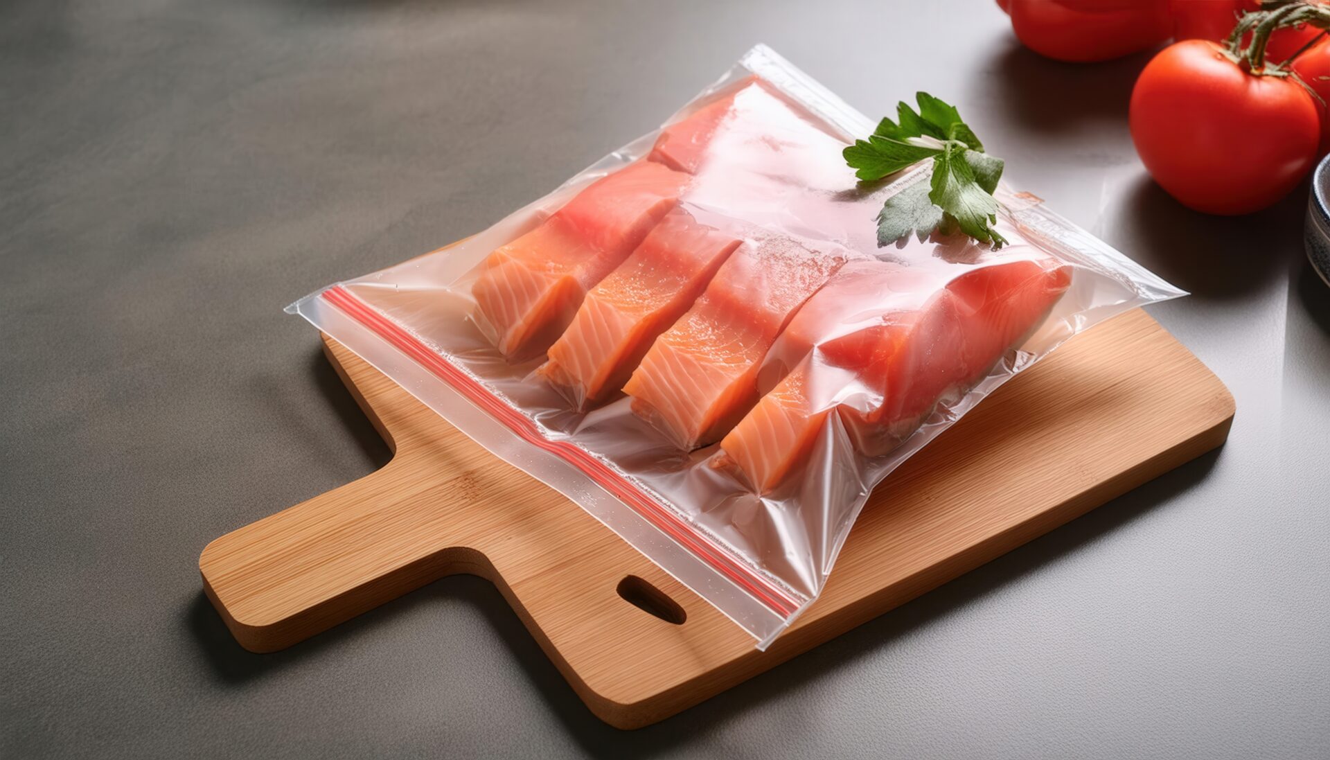 まな板の上に置かれた鮭入りジッパーバッグとトマト