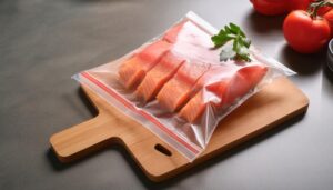 まな板の上に置かれた鮭入りジッパーバッグとトマト