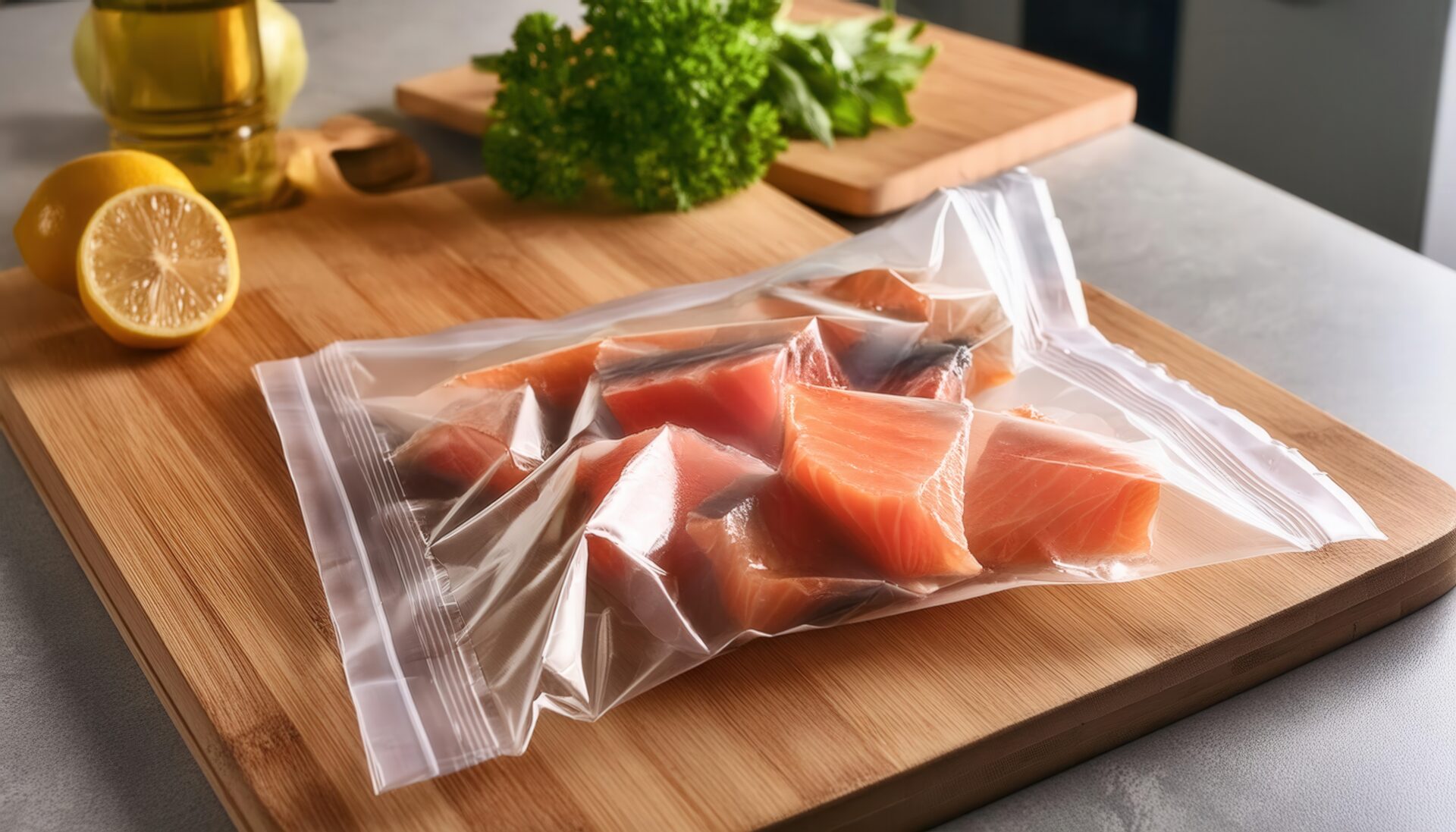 レモンとパセリが添えられた鮭入りジッパーバッグ