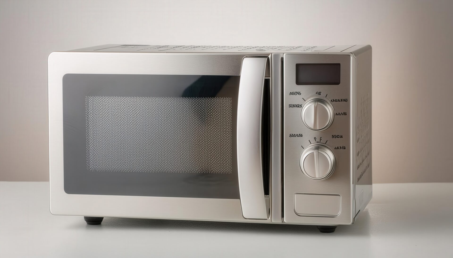 やや暖色系の背景に置かれたシルバーの電子レンジ