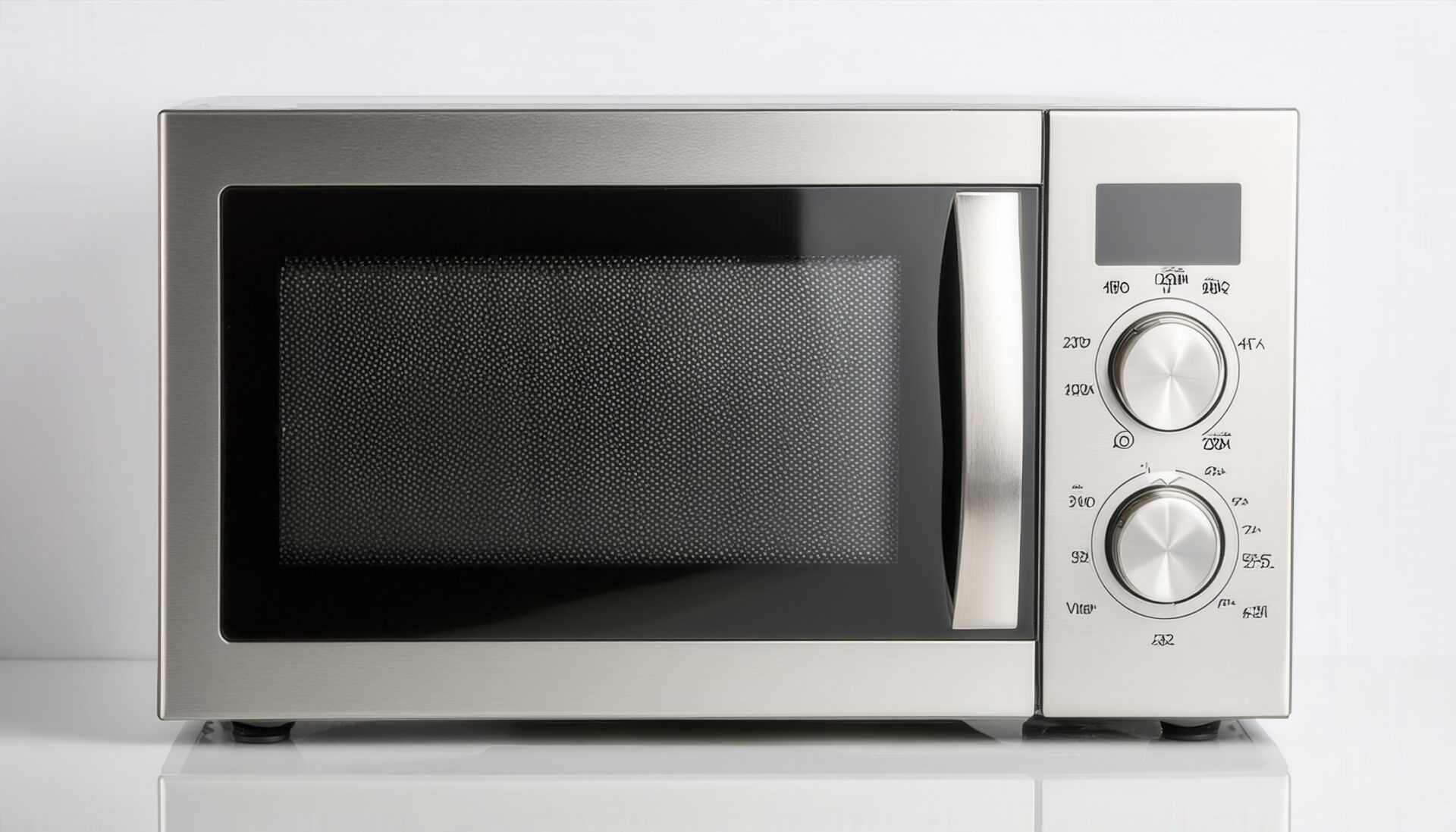 白背景に置かれたシルバーの電子レンジ
