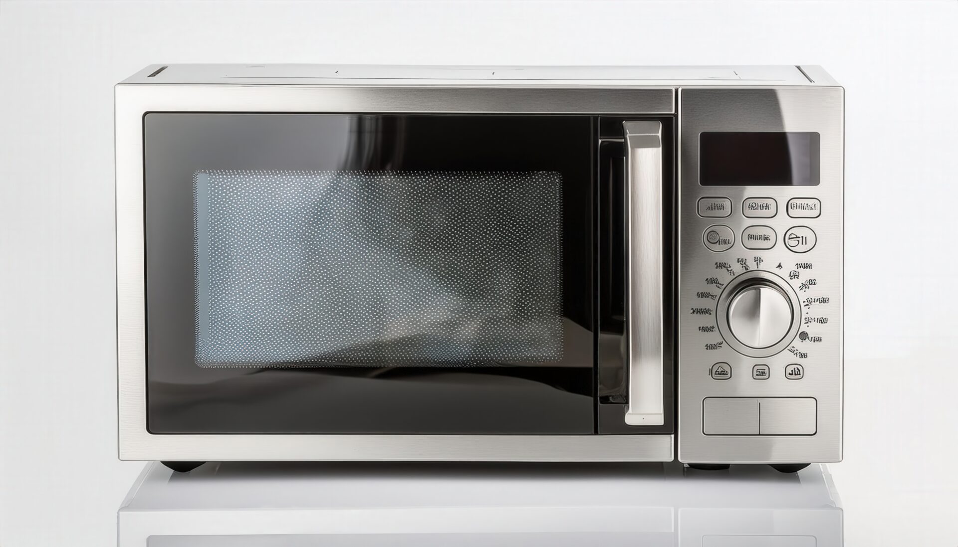 鏡面の台に置かれたシルバーの電子レンジ