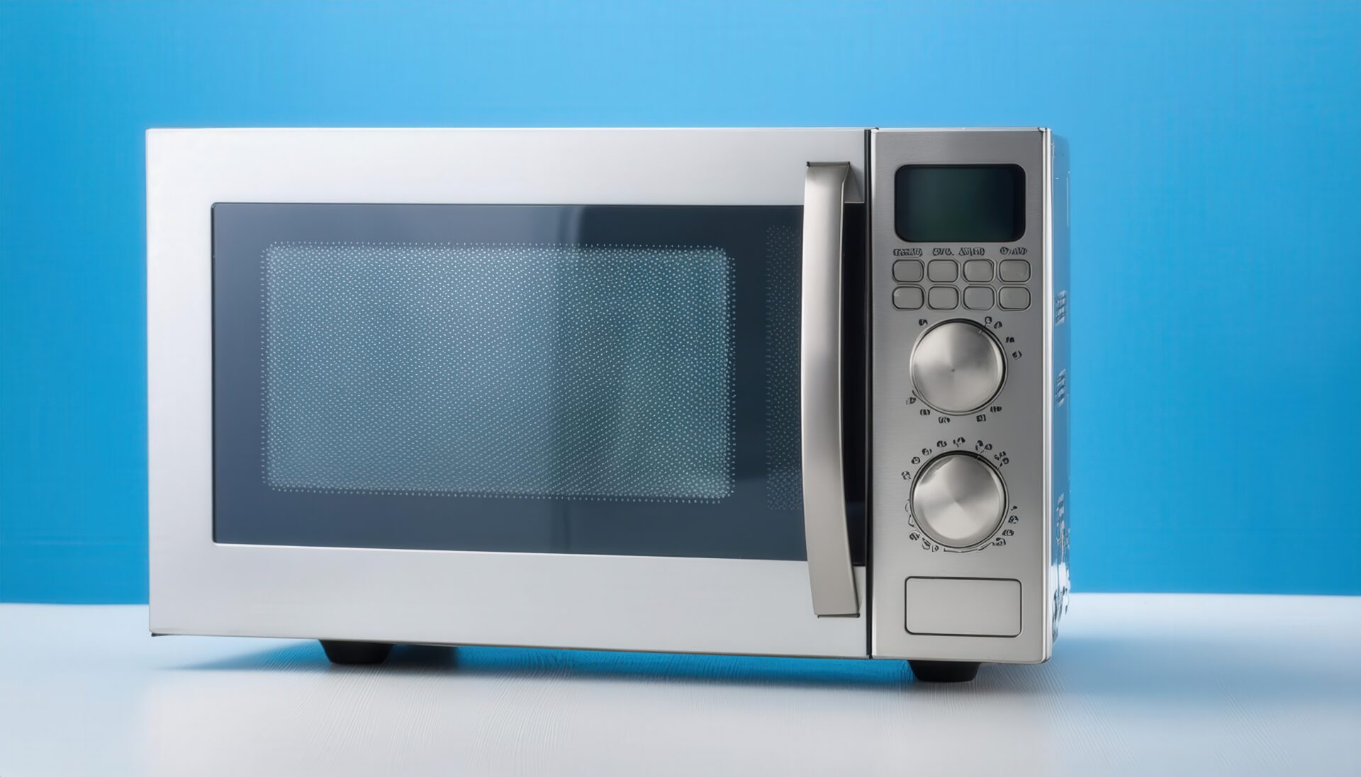 青い背景に置かれたシルバーの電子レンジ