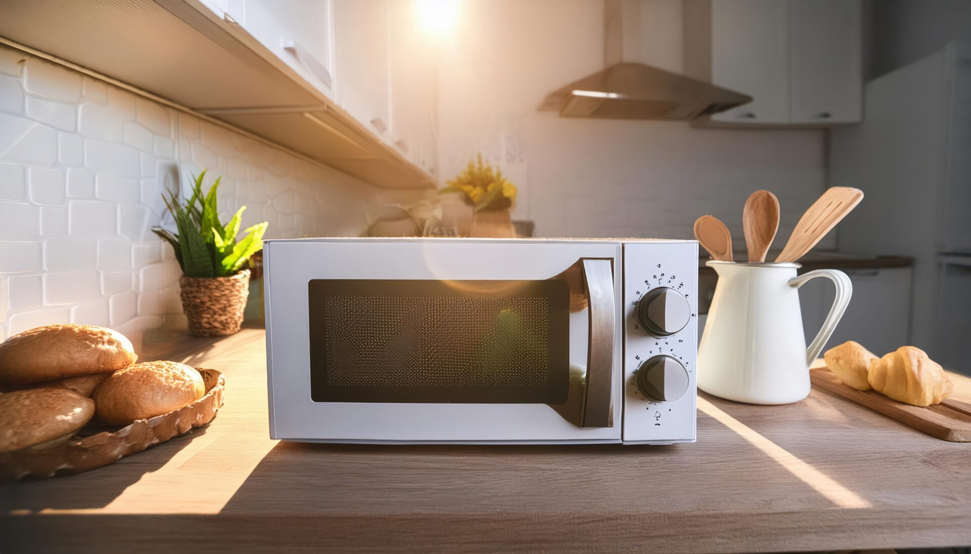木製カウンターに置かれた白い電子レンジとパン