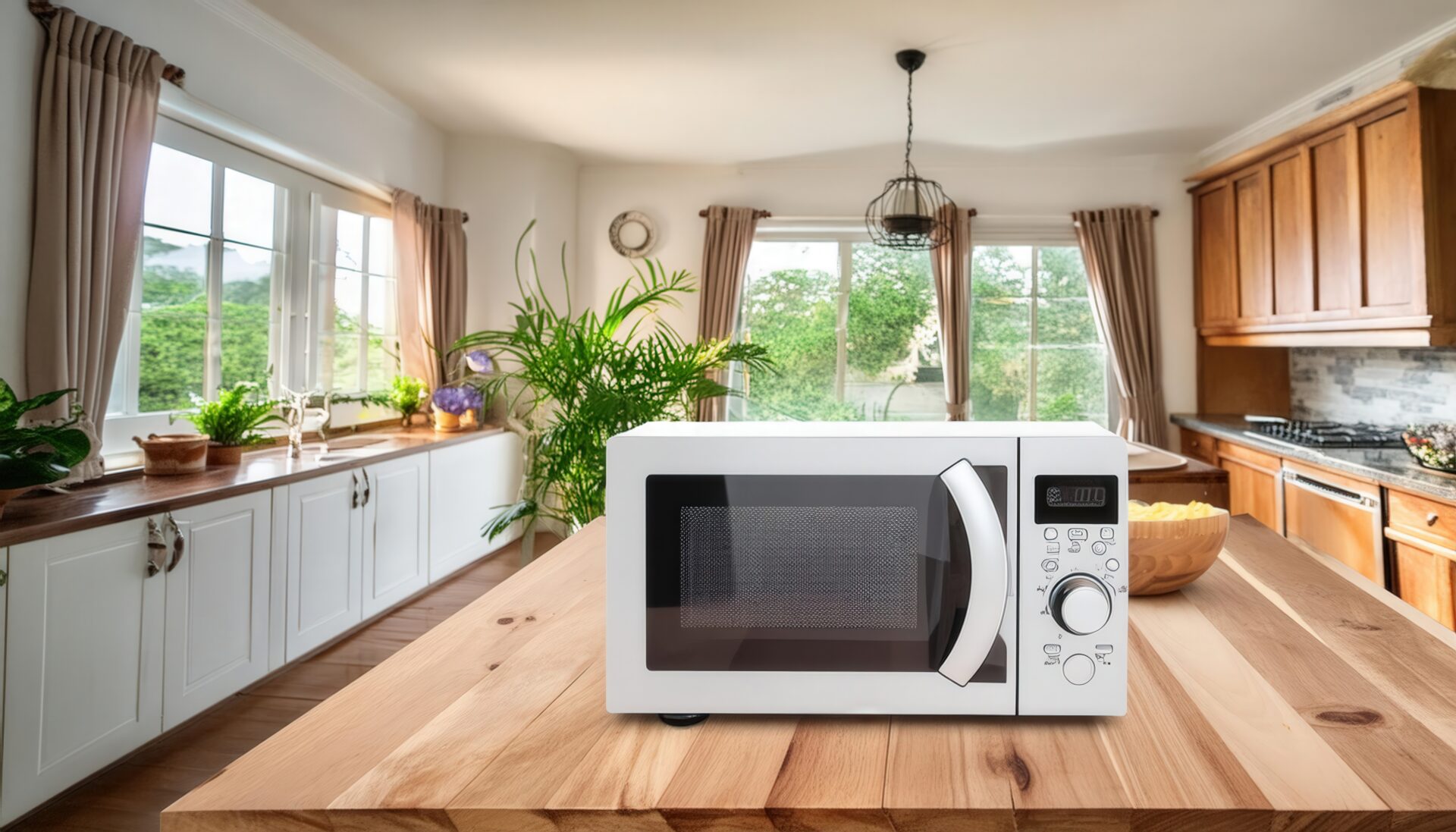 明るいダイニングキッチンに置かれた白い電子レンジ