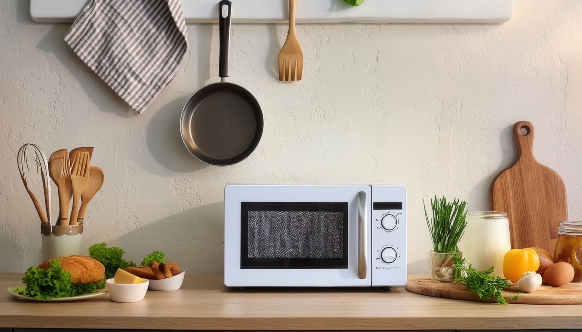 木製カウンターに置かれた白い電子レンジと食材