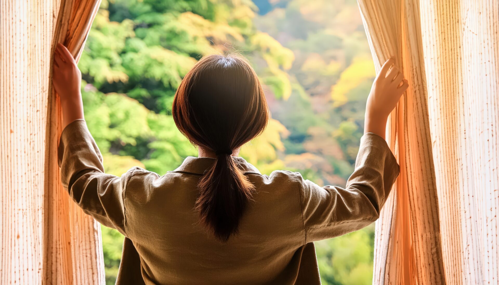 窓辺でカーテンを開けて外の景色を眺める後ろ姿
